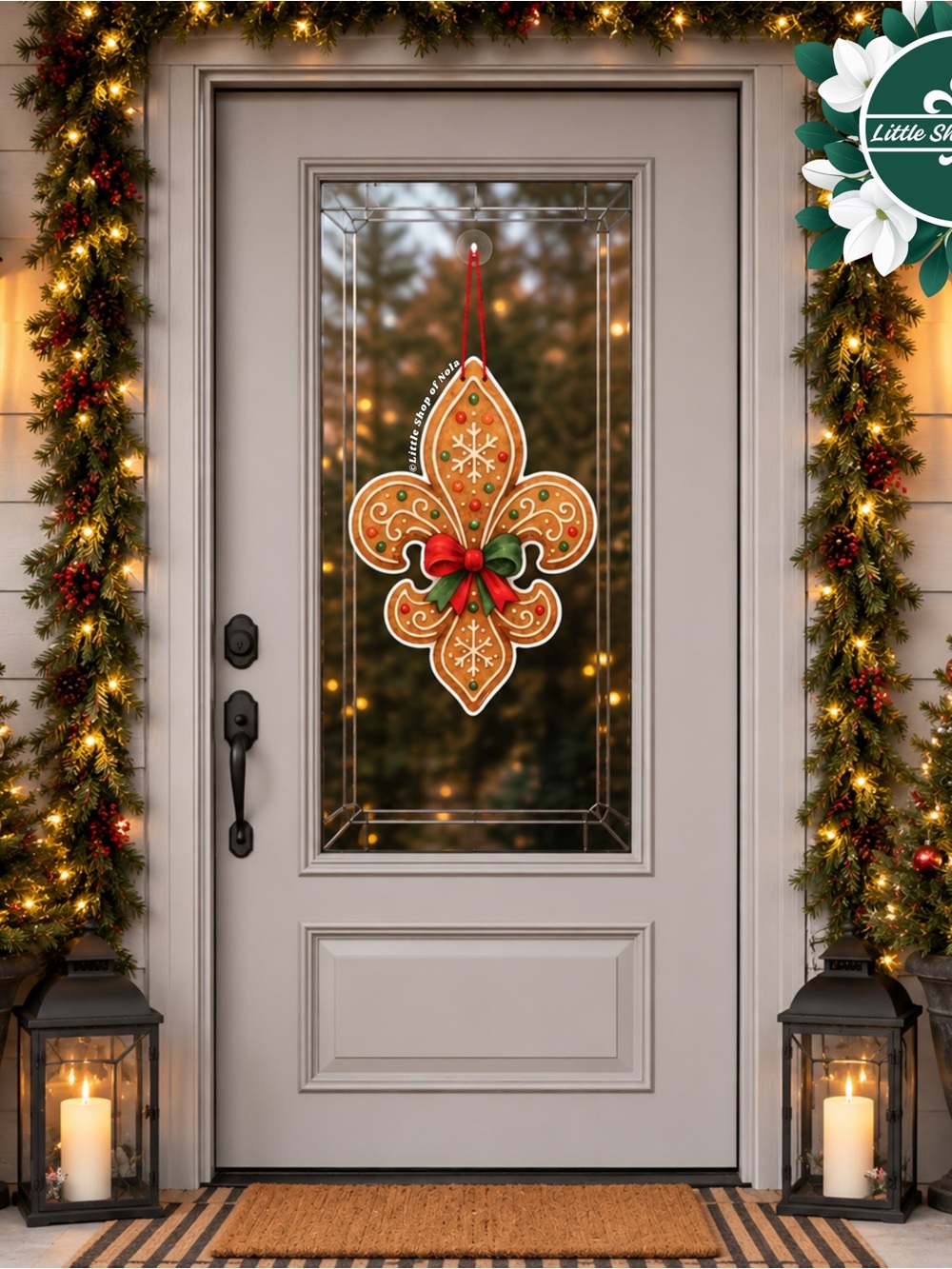 Gingerbread Fleur de Lis Door Hanger Red Green Bow New Orleans Christmas Decor